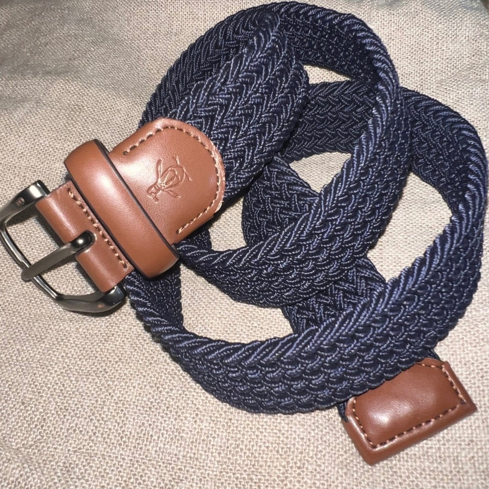 Original Penguin Mens Braided Elastic Belt Navy Blue Brown Leather Trim S 30-32